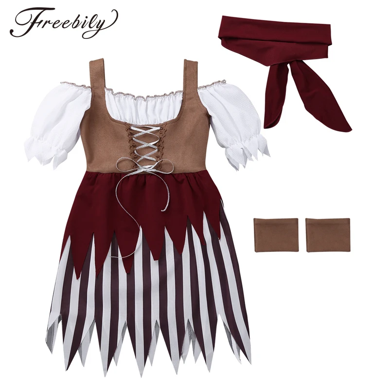 2018 Girls Pirate Costumes Short Sleeves Off Shoulder Cosplay Dress with Head Scarf Wristband for Carnival Party | Тематическая