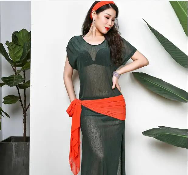 Green Сексуальный комплект из 4 предметов, женский костюм для восточных танцев, длинное платье с лентой для волос, Shaabi Baladi, одежда для выступлений - Цвет: Green