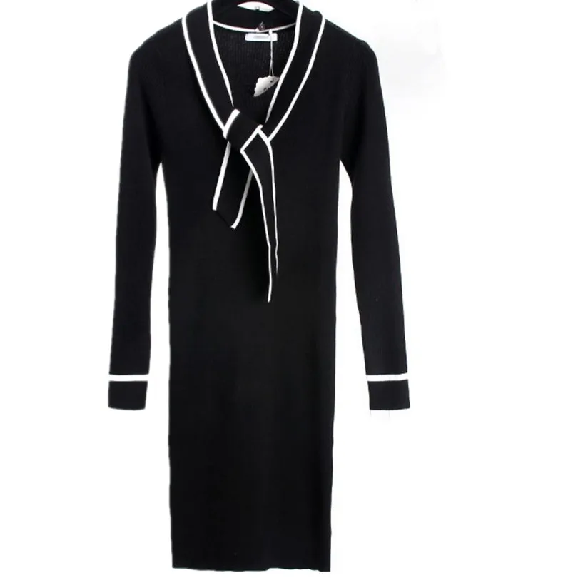 

Осеннее вязаное платье-свитер с бантом женское Повседневное трикотажное платье с длинным рукавом элегантные офисные платья