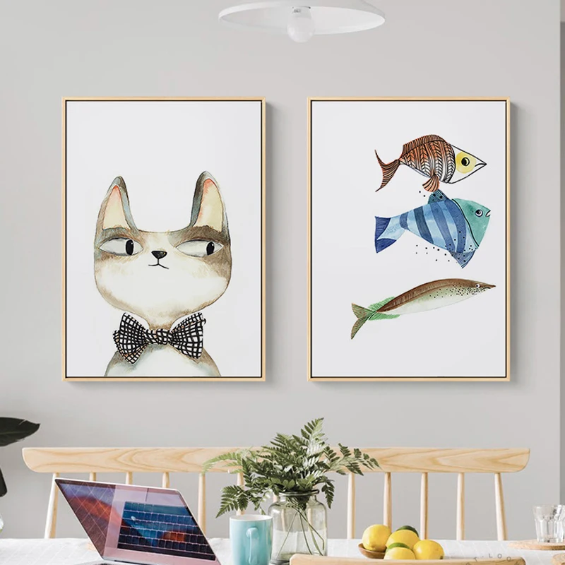 

Nordic Cute Cartoon Gentleman Cat Fish Canvas Wall Art Picture For Living Room Kids Modern Home Decor Lil Peep Posters And Print