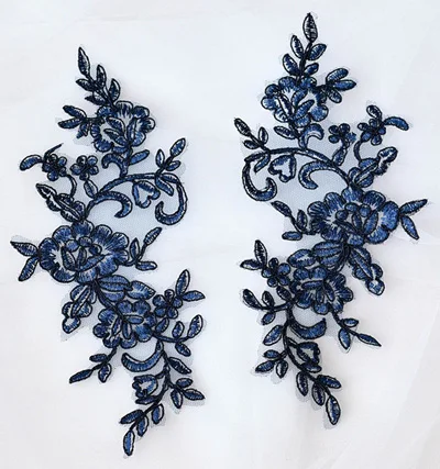 Navy blue Вышитая кружевная аппликация с кружевной отделкой для DIY свадебного платья белого/Красного/белого цвета с серебристым цветом 4 шт/2 пары 24,5*9,5 см - Цвет: Navy blue