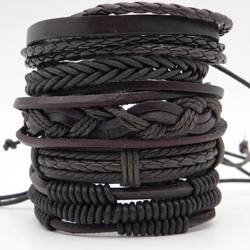 5pcs/set Trendy Male leather Braided Wrap bracelets Multilayer Men's Vintage Wristband Jewelry Brown Xmas Gift | Украшения и