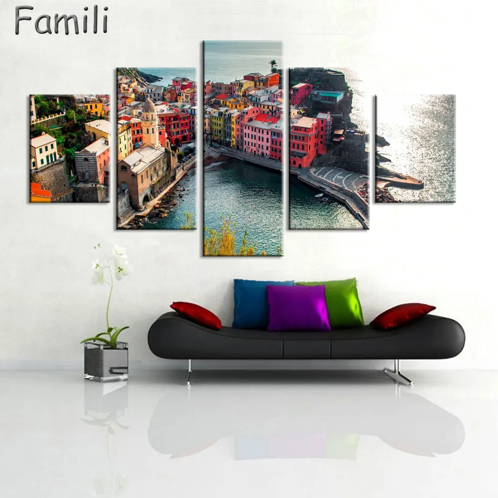 5 шт., Современная Картина на холсте, настенная живопись, рисунок на холсте, растягивается, в рамке, изобразительное искусство для декора стен, Италия, городской пейзаж, побережье