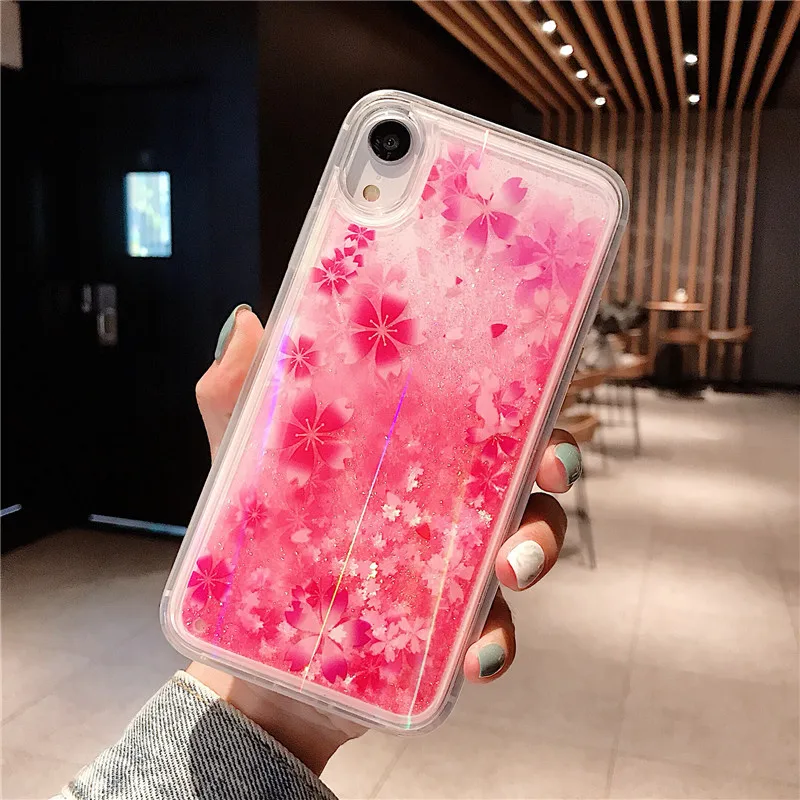 Shiny Quicksand Glitter Pink Flower Phone Cases For iPhone 8 7 6 6s Plus Hard PC Back Cover Floral Case X XS MAX XR |
