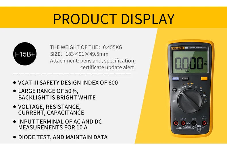 Fluke 15B+ цифровой мультиметр с автоматическим диапазоном 4000 отсчетов переменного/постоянного тока, измеритель сопротивления тока, измеритель частоты емкости