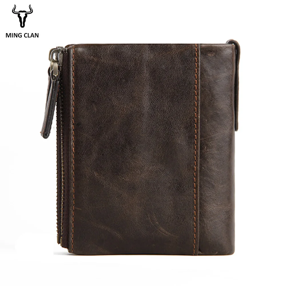 Mingclan Genuine Cowhide Leather Men Wallet Short Coin Purse Small Vintage Wallets Brand High Quality Designer Zipper Pocket