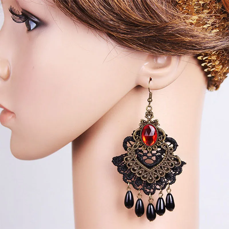 Черные Ажурные кружевные серьги с искусственным жемчугом длинные висячие