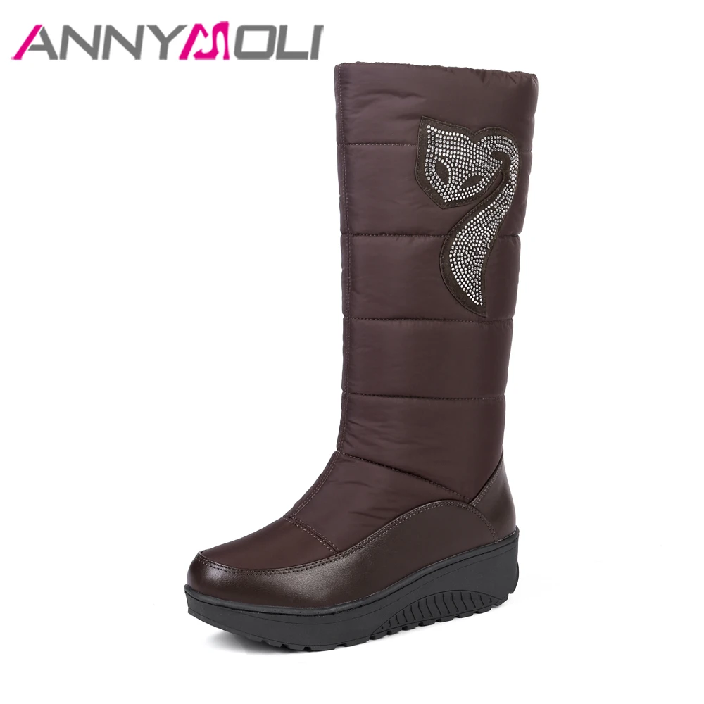 Женские ботинки со стразами ANNYMOLI зимние на платформе танкетке до середины икры