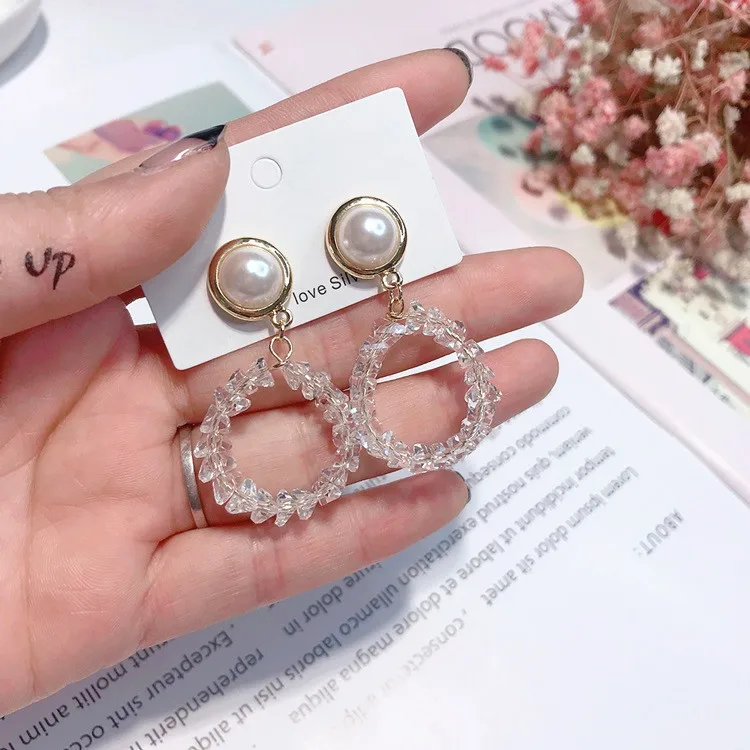 circle geometric crystal pearl earring 925 silver post Hypoallergenic fadeless fashion jewelry stud earrings for women gift | Украшения и