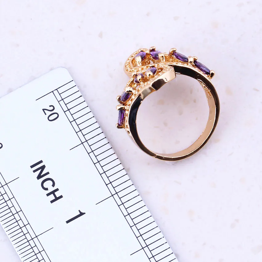 Lovely Purple Austrian Crystal Yellow Gold Color Rings For Women Party Engagement Cheap Fashion Jewelry Free Gift Box I0012 | Украшения и