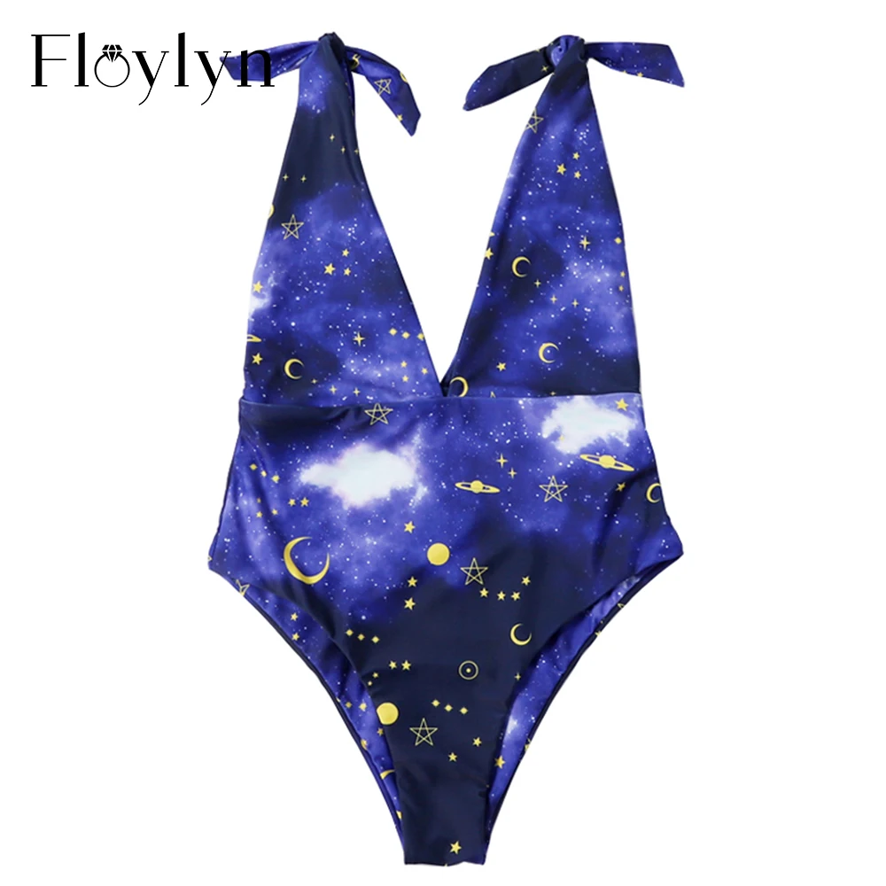 Floylyn Women Swimsuit Sexy One Piece Starry Sky Print Double Linings Bodysuit Swimwear Push Up Bathing Suit | Спорт и развлечения