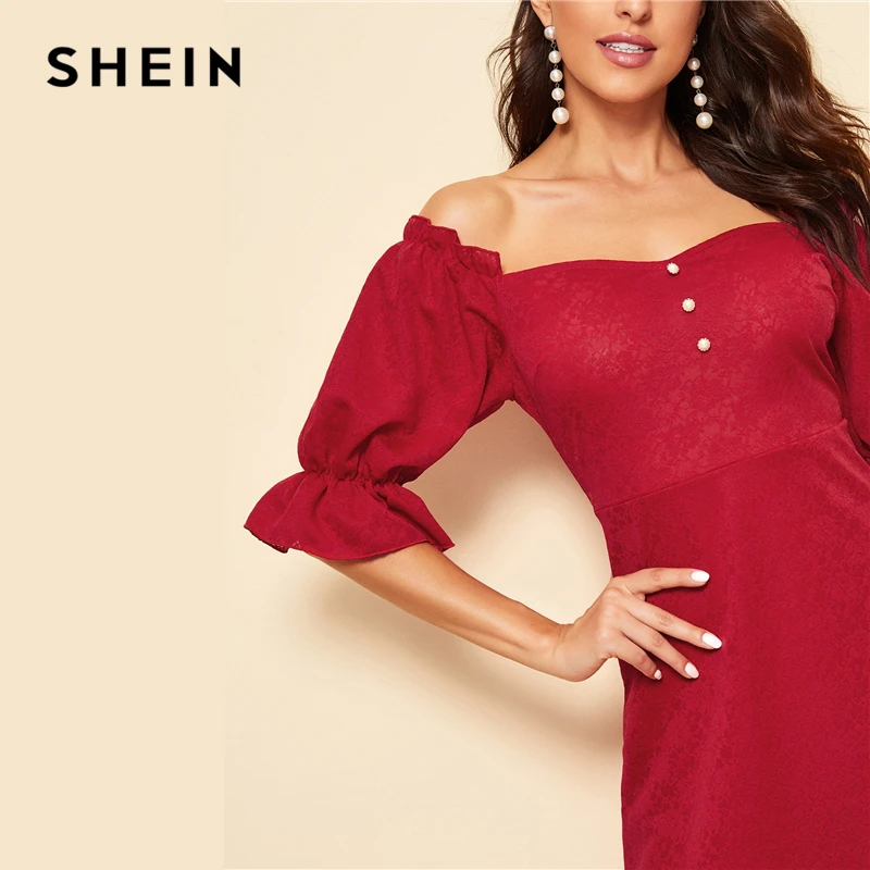 SHEIN Расклешенное Платье На Пуговицах С Оригинальным Рукавом И Оборкой Вечерние Длинные Платья Для Женщин