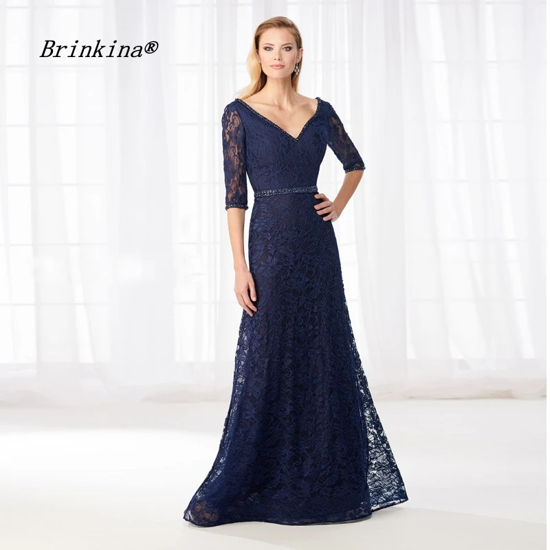 BrinKina Hot 2019 Navy Blue Sexy V Neck See Through Sleeve Mother of The Bride Dresses For Wedding Party Formal Occasion | Свадьбы и