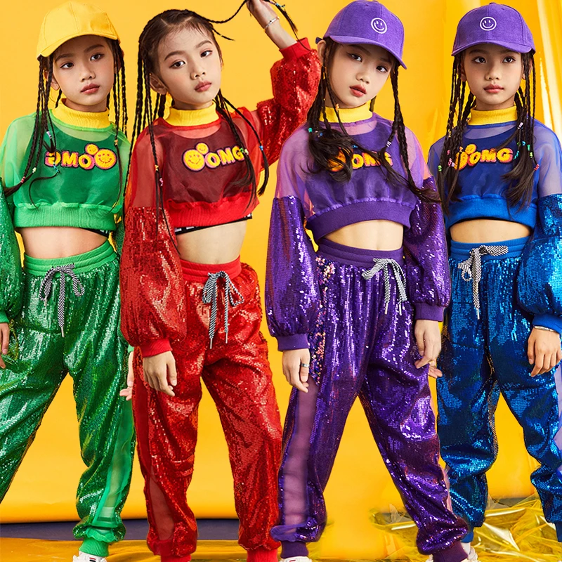 Детские Красочные джазовые топы с блестками брюки одежда в стиле хип хоп для