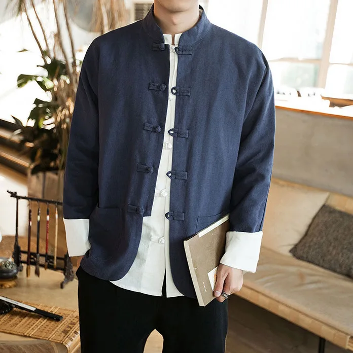 Мужские пальто в китайском стиле куртки весна осень размера плюс из хлопка и льна