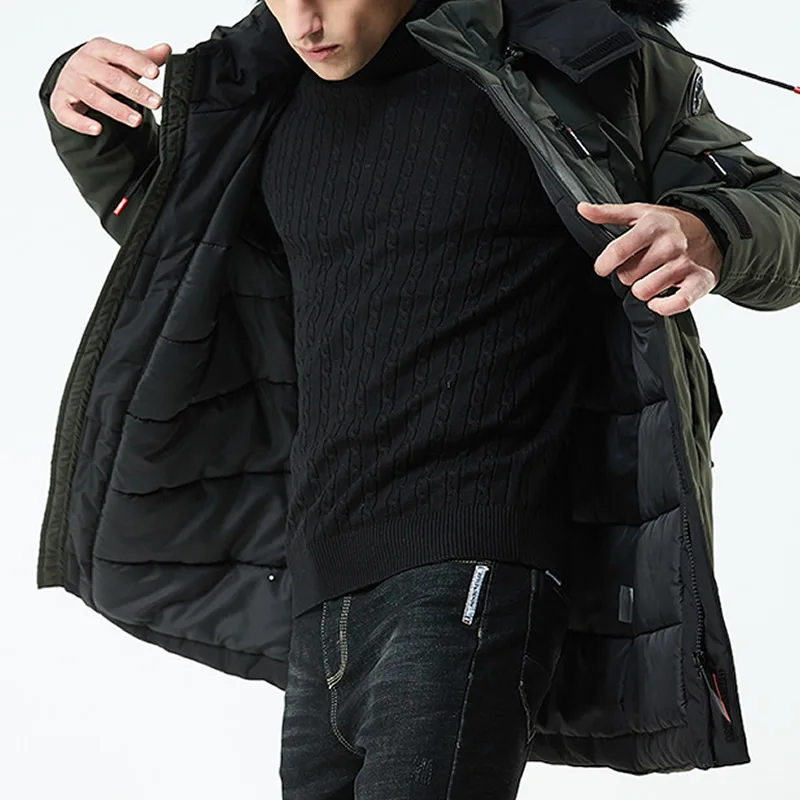 Мужские парки куртки с меховым капюшоном пальто оверсайз зимняя однотонная