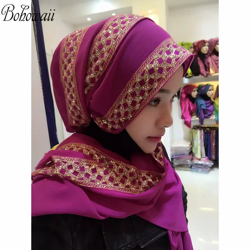 Женские мягкие удобные длинные Хиджабы BOHOWAII исламские шифоновые блестки