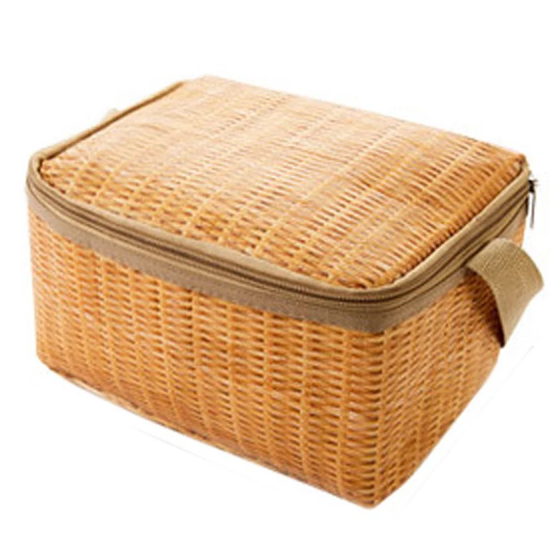 

FGGS Portable Imitation Rattan Lunch Bags Insulated Thermal Cooler Lunch Box Tote Storage Bag Container Food Picnic Bag