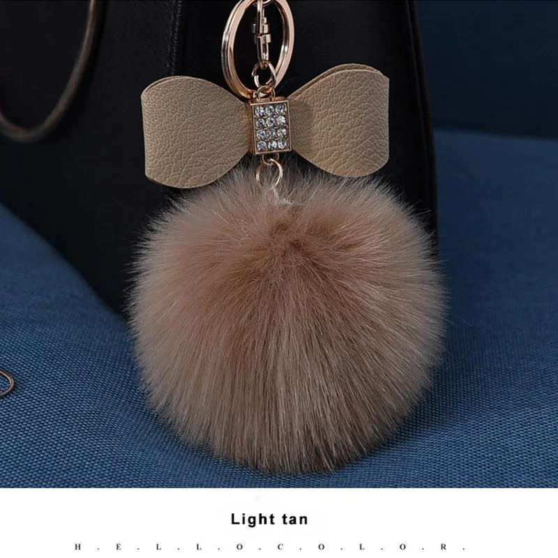 Light tan Высокое качество пушистый искусственный кролик Мех животных помпонами брелок кристалл кожи лук-узел Для женщин брелок кольцо Держатель Сумочка автомобиль кулон - Цвет: Light tan