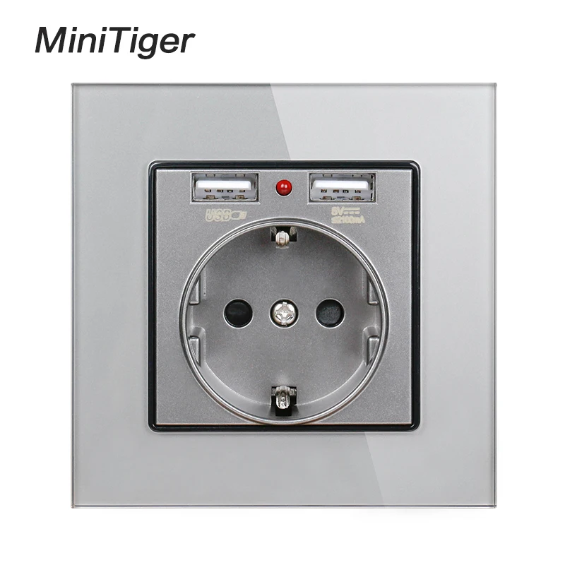 Розетка настенная Minitiger со стеклянной панелью и двумя USB портами 2 1 А 16