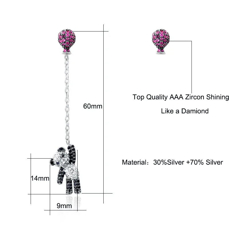 Асимметричные серьги с кристаллами воздушные шары панда медведь капли розовые