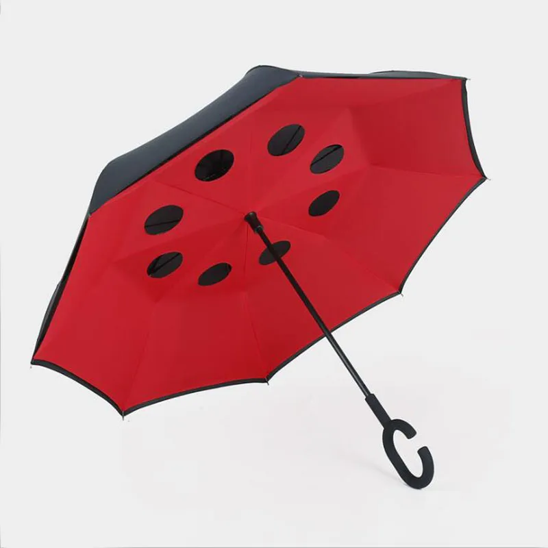 Складной двухслойный зонтик с длинным хвостовиком ветрозащитный обратный
