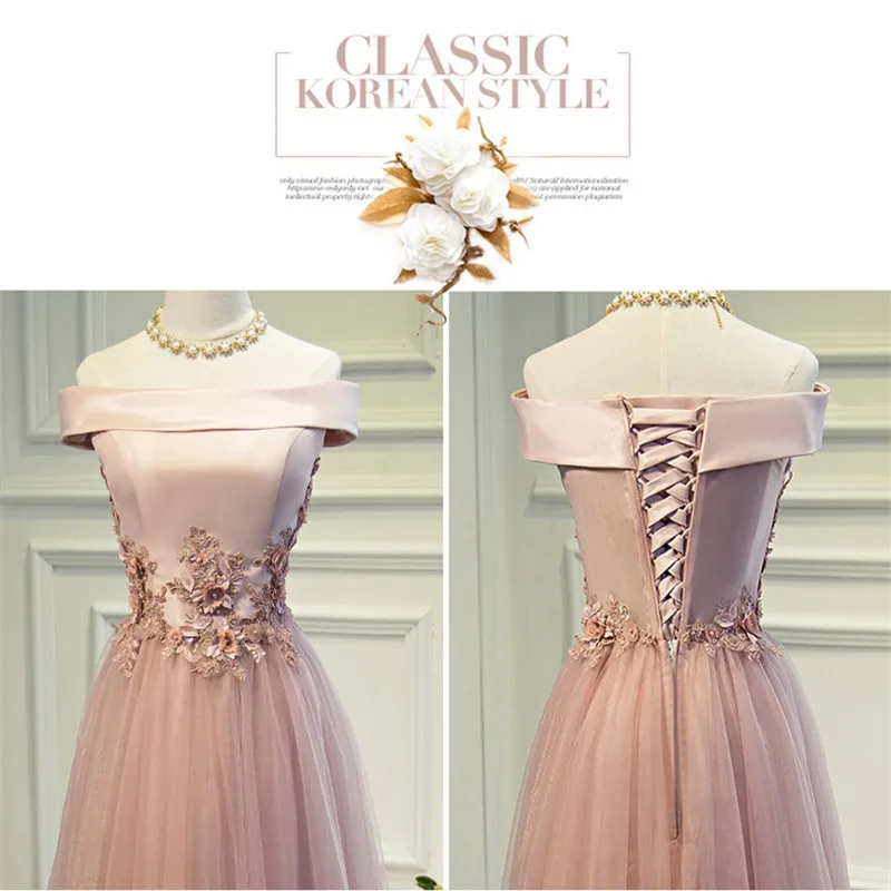 

Vintage Pink Taffeta And Tulle With Appliques Off The Shoulder A-Line Floor Length Lace Up Short Sleeve Long Party Dress 1008E