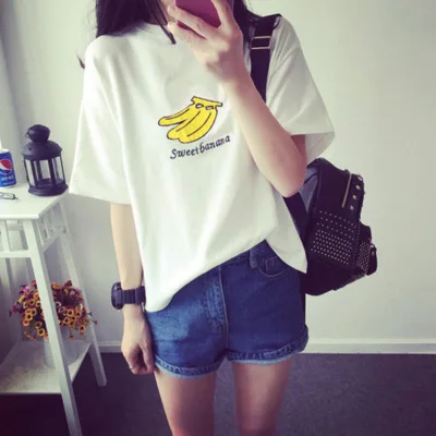 Flower High heeled shoes Cartoon watermelon Banana print Summer Women Tee Shirts Punk Round Neck Tops Girl Casual T-shirts | Женская