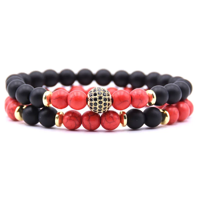 2 HYHONEY 2pc/sets Natural stone Bracelets& Bangles Pave CZ 10mm Ball Charms Bracelets for women Jewelry Men Pulseira - Окраска металла: 2