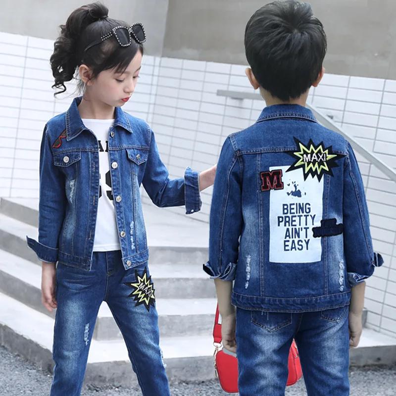 

autumn Children's jean wear 2019 new fashion unisex denim suits casual boys and girls two pieces body suit kids clothing set
