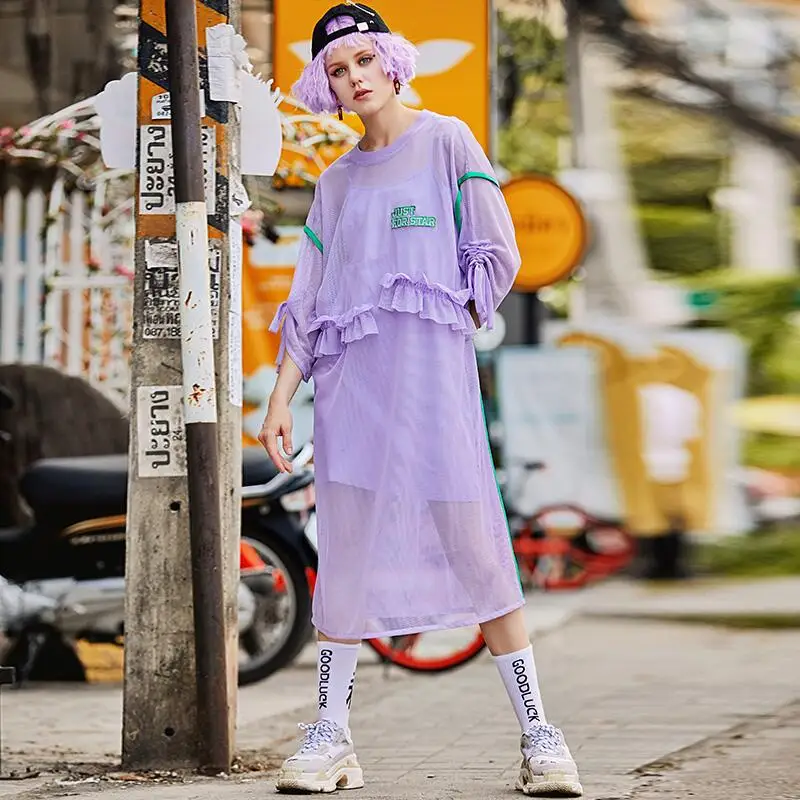2019 New arrival half sleeve long dresses spring women letter embroidery gauze two pieces | Женская одежда