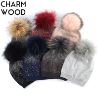 womens beanie hat with raccoon pompom winter warm cashmere knitted rhinestone slouchy beanie hat for femme skullies dq876c