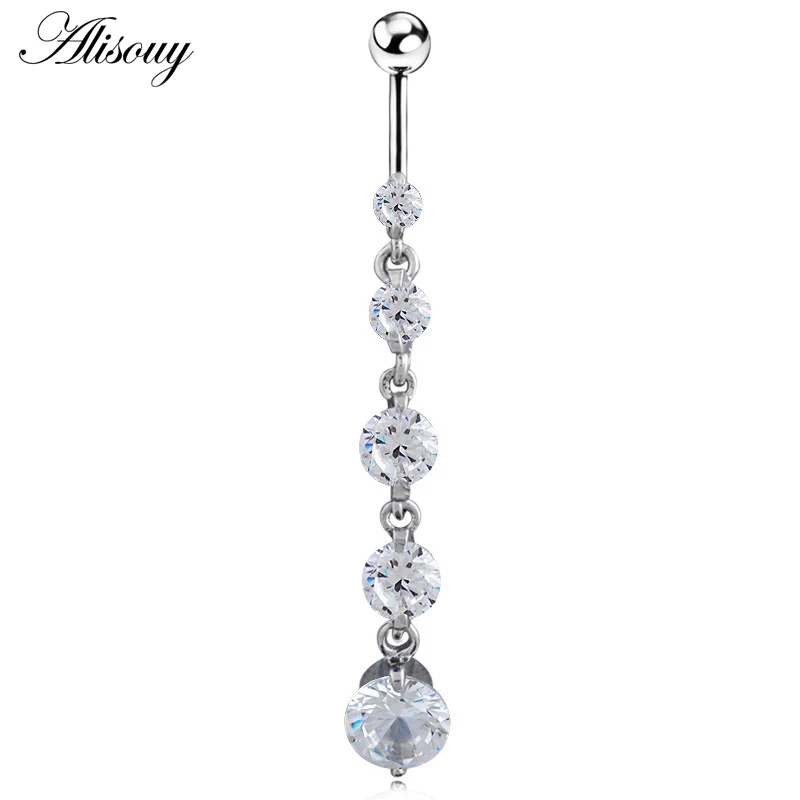 Silver Clear CZ Alisouy 1 шт. пляжный сексуальный Золотой Прозрачный кристаллический Циркон болтающиеся Длинные Кольца для пупка для женского танца пирсинг украшения для тела - Окраска металла: Silver Clear CZ