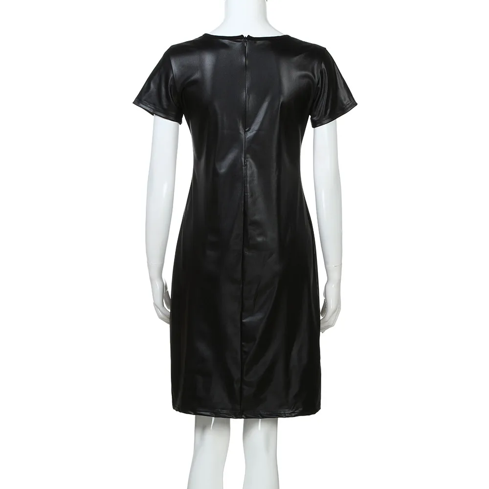 Women Short Sleeve Wet Look Leather Bodycon Midi Sheath Sexy Skinny Dress 2019 New Fashion O-neck Slim Dresses For Ladies Hot | Женская