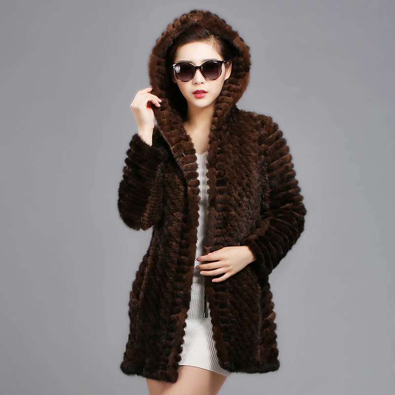 

2019 Woman mink fur knitted hair female medium-long with a hood outerwear