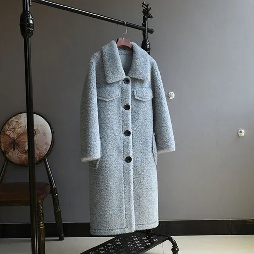 OFTBUY зимняя женская куртка из натурального меха, пальто для стрижки овец, женское длинное пальто из овечьей шерсти, шерстяная верхняя одежда, уличная одежда - Цвет: light blue