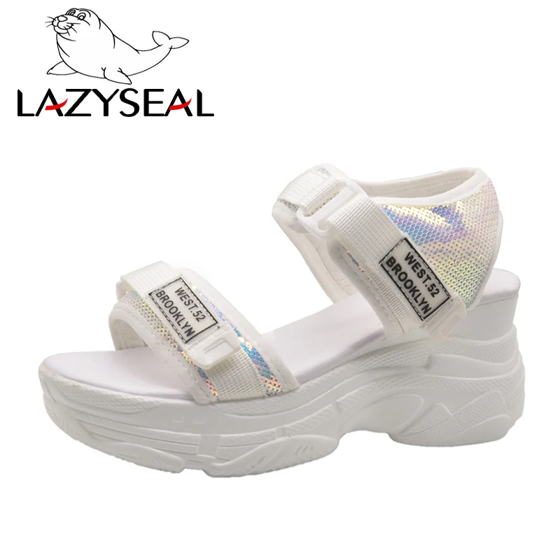 White LazySeal; Новинка; босоножки на танкетке; женская обувь из блестящей ткани; Босоножки на платформе на застежке-липучке; обувь на толстой подошве; женская обувь; sandalias - Цвет: White