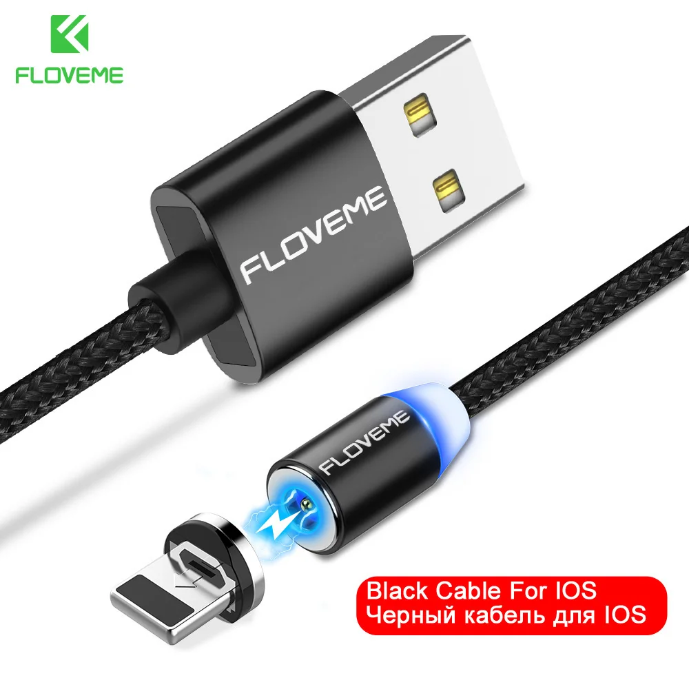 Black for iPhone FLOVEME 1 м Магнитный USB кабель, СВЕТОДИОДНЫЙ Магнитный зарядный кабель Micro USB для iPhone X 7 6 5 для samsung Galaxy S8 S9 type C - Цвет: Black for iPhone