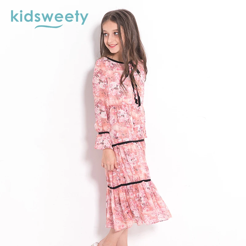 Kidsweety Детские платья для девочек розовый с длинным рукавом Высокая Талия пуловер