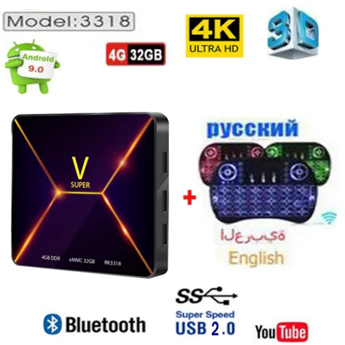 4G 32G I8 Android 9,0 Wifi ТВ приставка V супер 4 Гб ОЗУ 32 Гб ПЗУ Rockchip RK3318 4K HD IP ТВ приставка домашний кинотеатр медиаплеер Поддержка 3D фильма - Цвет: 4G 32G I8