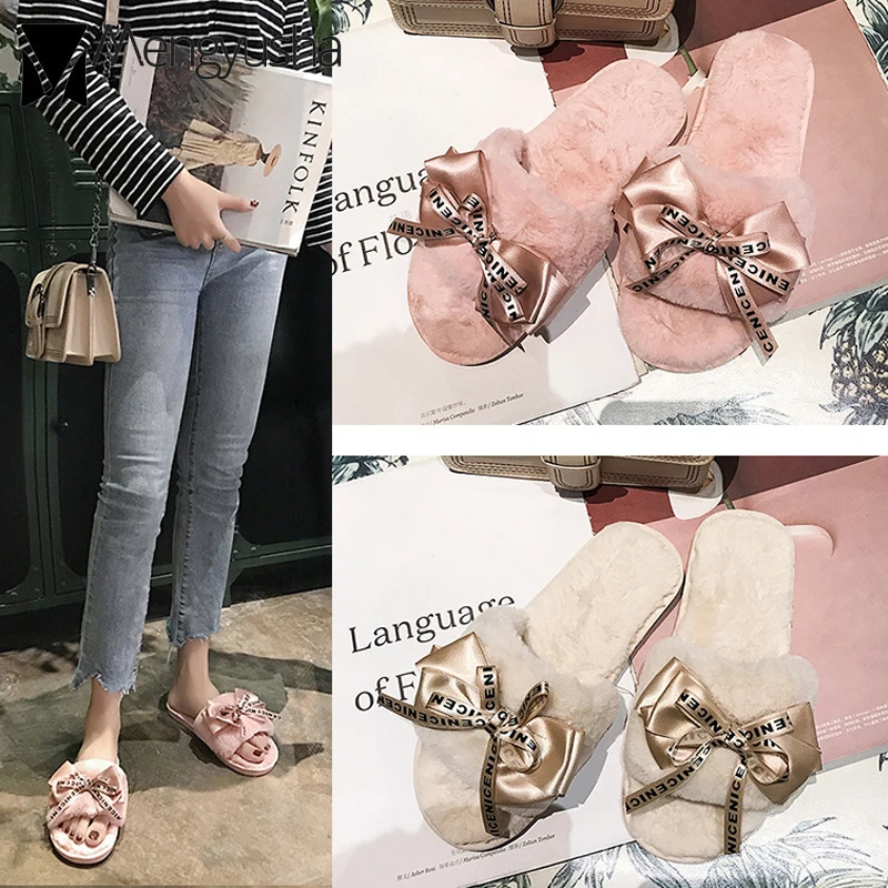 Riband/домашняя обувь на меху с бантом и буквенным принтом женские зимние теплые