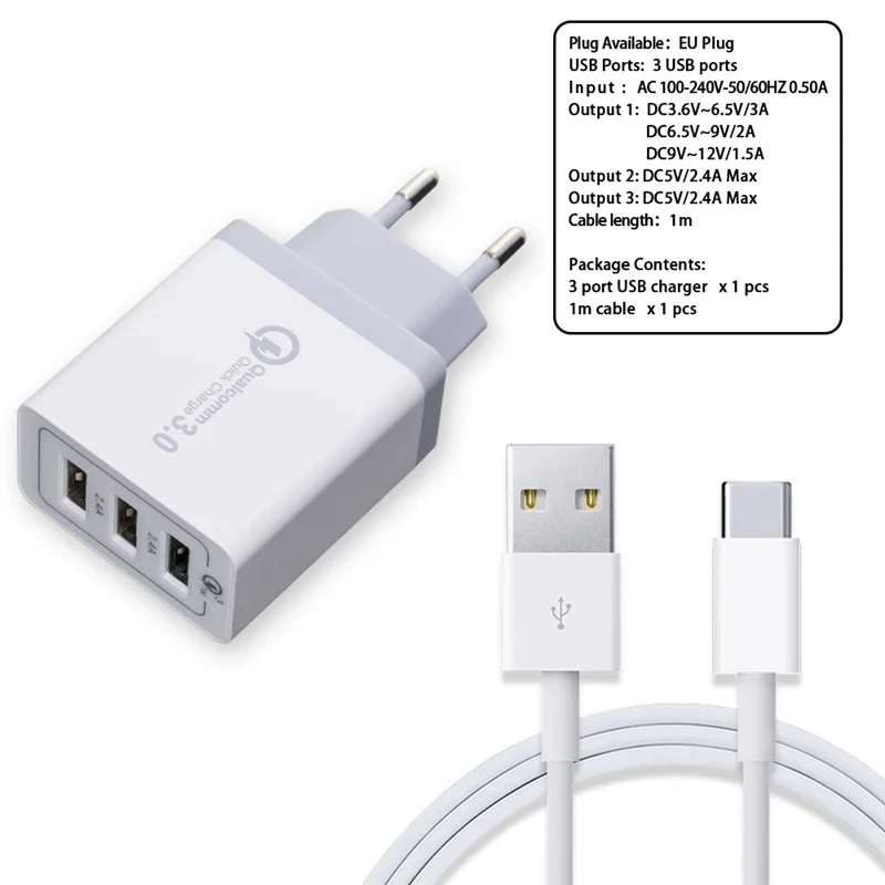 Штепсельная Вилка европейского стандарта QC3.0 для быстрой зарядки с кабелем Type-C