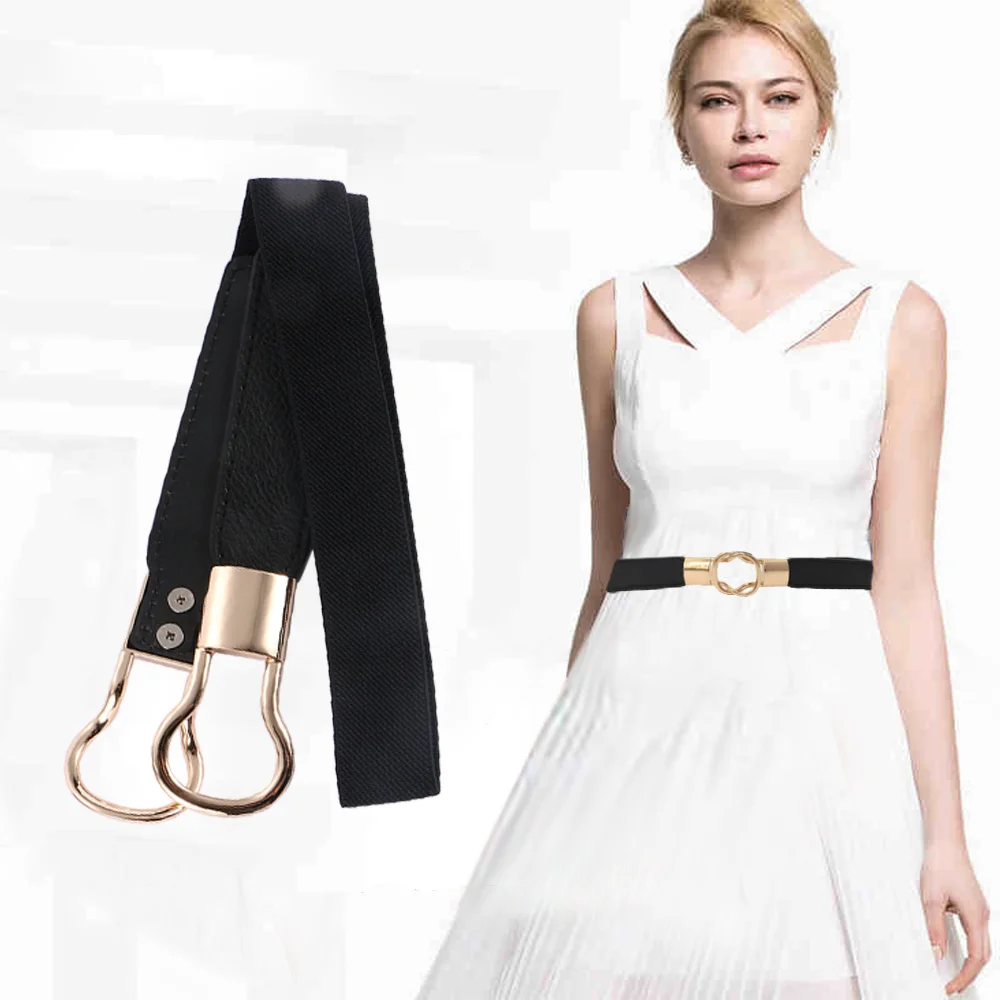 

Female Fashion Elastic Waistband Gold Color Circle Buckle Thin cummerbund Belt Strap Accessories
