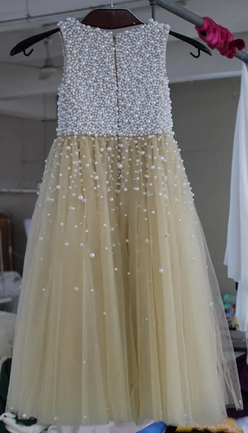 Блестящее Тюлевое платье цвета шампанского с жемчугом для девочек цветами на