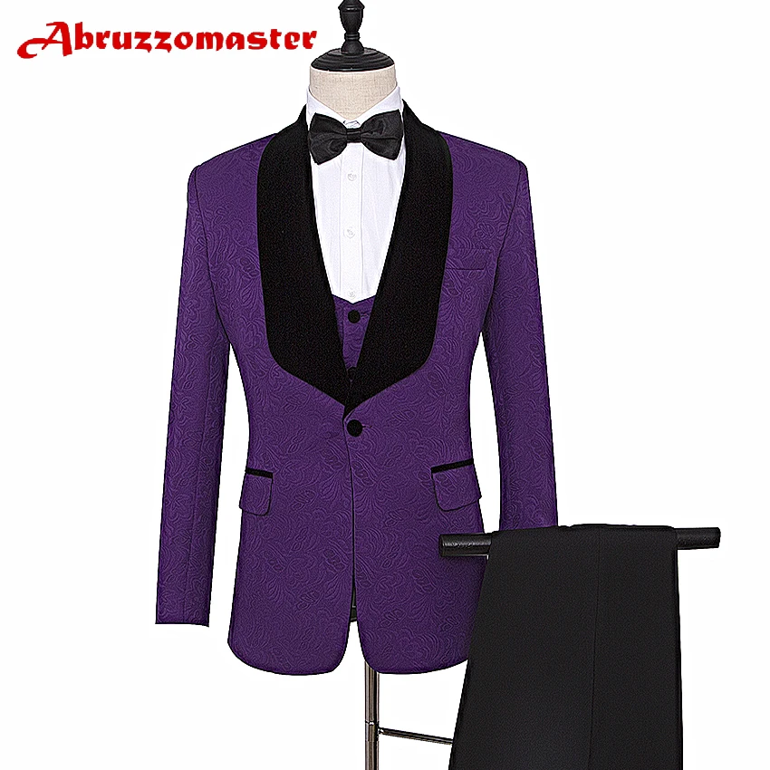 Blazer Purple Wedding Suit Printed Groom Tuxedos Shawl Lapel Groomsman Suit Custom Made Man Suit Jacket+pants+ve