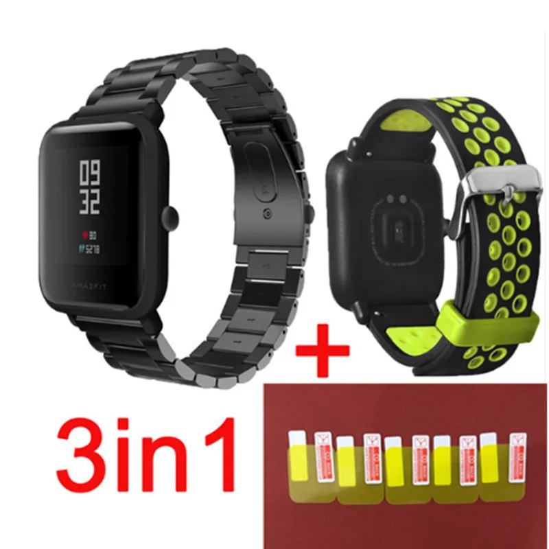 3в1 Для Xiaomi Huami Amazfit Bip маленькие умные часы ремешок металлический силиконовый ремешок+ Amazfit звуковой сигнал защита экрана - Цвет: Black green