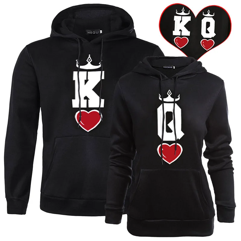 Зимние пары черный покерный K and Q QUEEN KING толстовка с капюшоном и длинным рукавом
