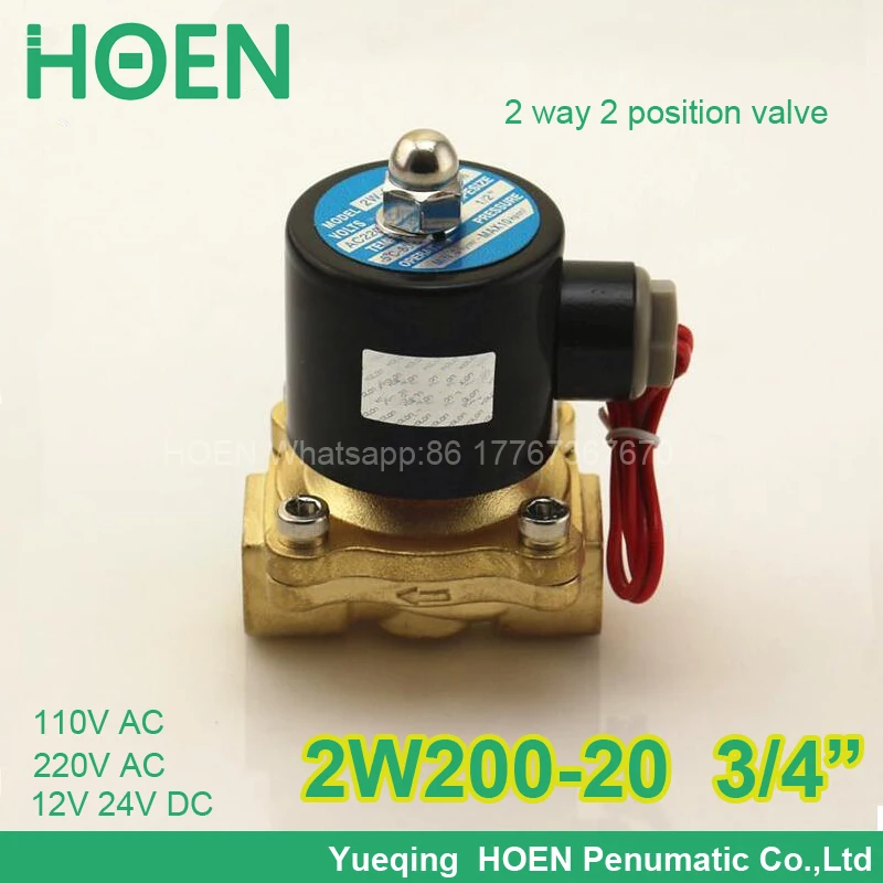 

2W200-20 Normally closed 2/2 way G3/4" pneumatic solenoid valve water air gas oil brass valve NBR DC AC 12V 24V 110V 220V
