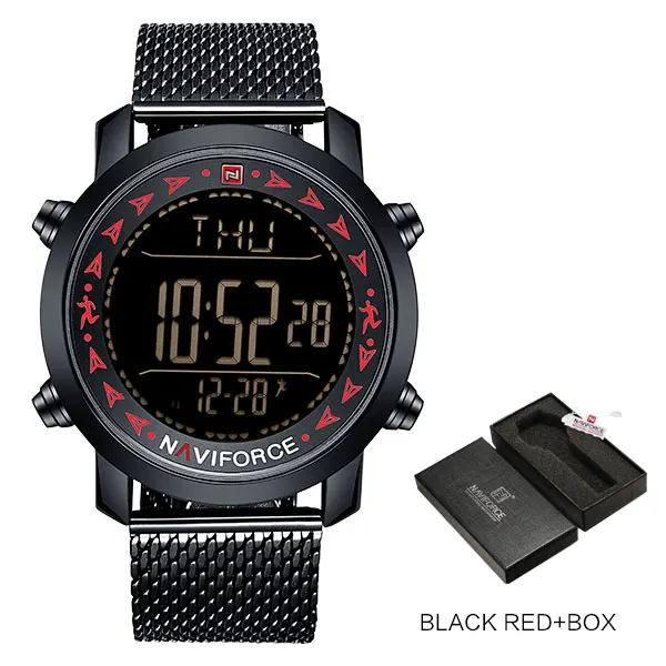 NAVIFORCE Лидирующий бренд мужские спортивные часы модные мужские цифровые часы Шагомер наручные часы стальной сетчатый ремешок часы Relogio Masculino - Цвет: black red box