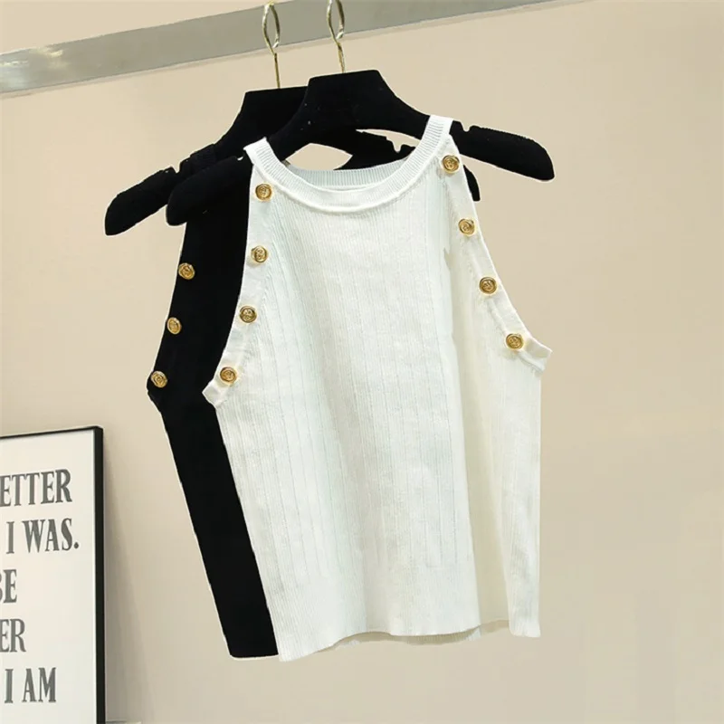 CBAFU summer knitting sleeve vest women tops gold button o neck elastic sweater black white women pullovers knitted tops P072